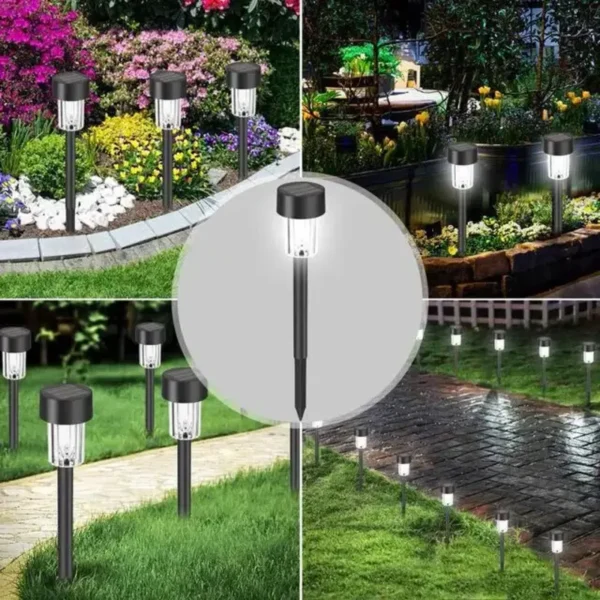 Veliki set od 10 komada solarnih ubodnih lampi koje pružaju elegantno belo osvetljenje za obeležavanje staza prilaza i ivica bašte