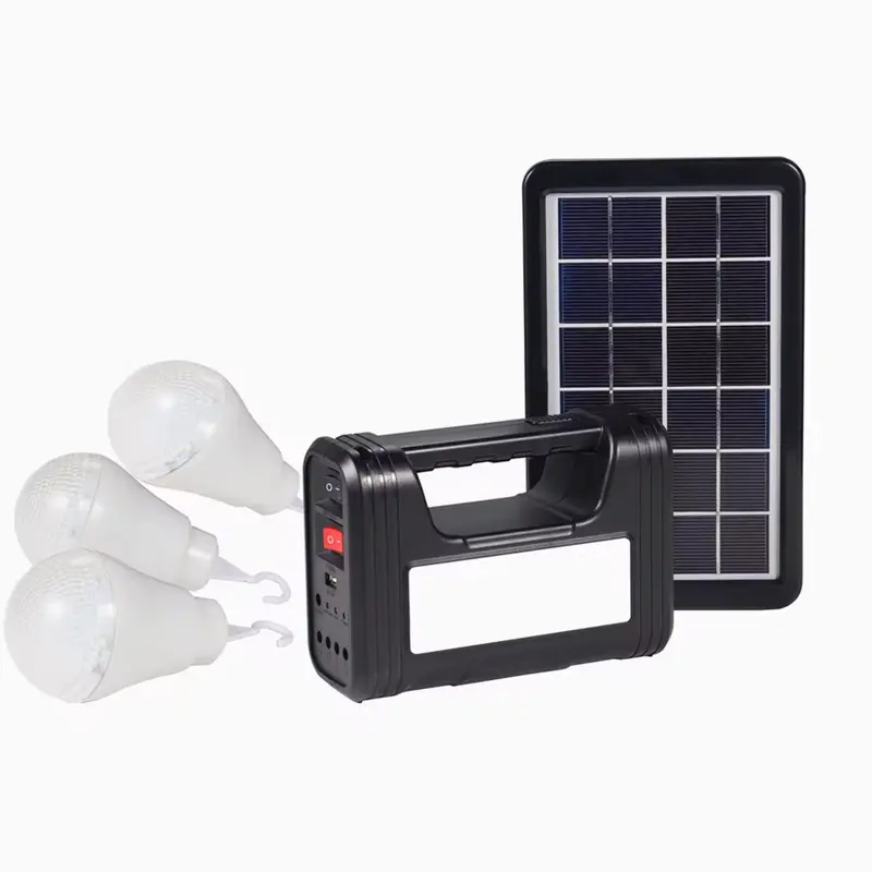 Mali solarni komplet koji sadrži panel za punjenje bateriju i tri LED sijalice sa dugim kablovima za osvetljavanje više prostorija istovremeno