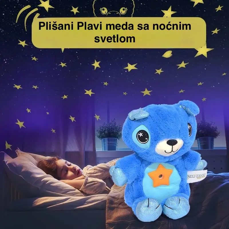 Savršen drugar za miran san svakog deteta ovaj neodoljivi plišani plavi meda nije samo mekana igračka za maženje već i magično noćno svetlo koje projektuje zvezdano nebo na plafon i zidove